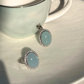 Oval Cobochon Aquamarine with Diamonds Silver 925 Pendant