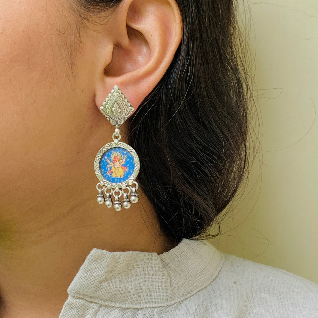 Aabhushan Raj Handpainted Miniature Art Silver Earrings