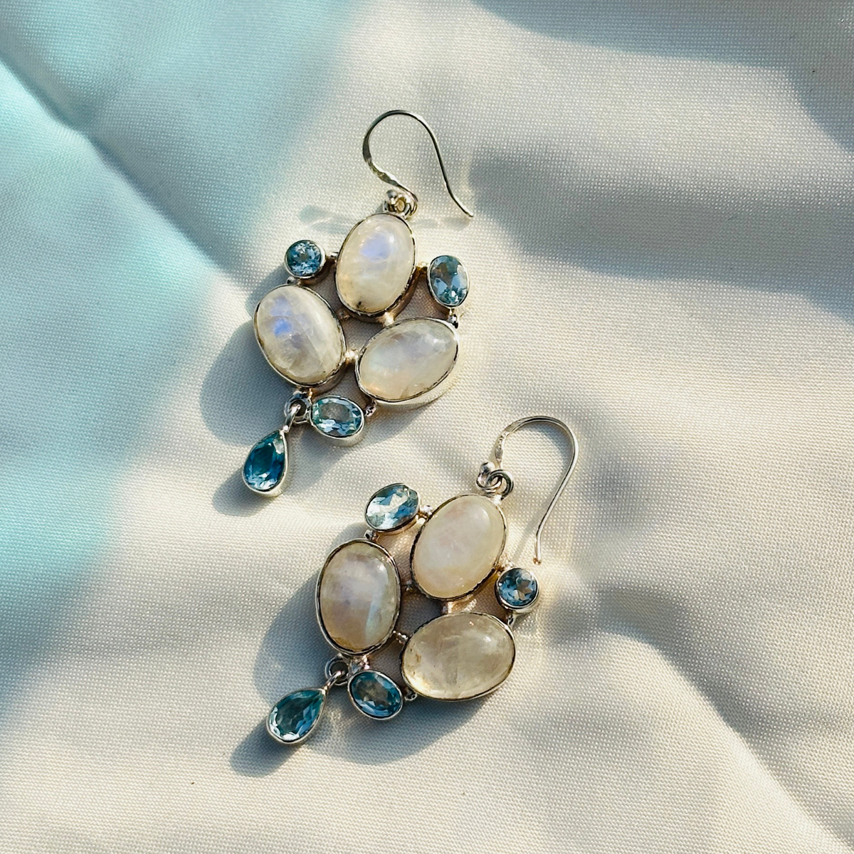 Blue Topaz and Rainbow Moonstone Silver 925 Earrings