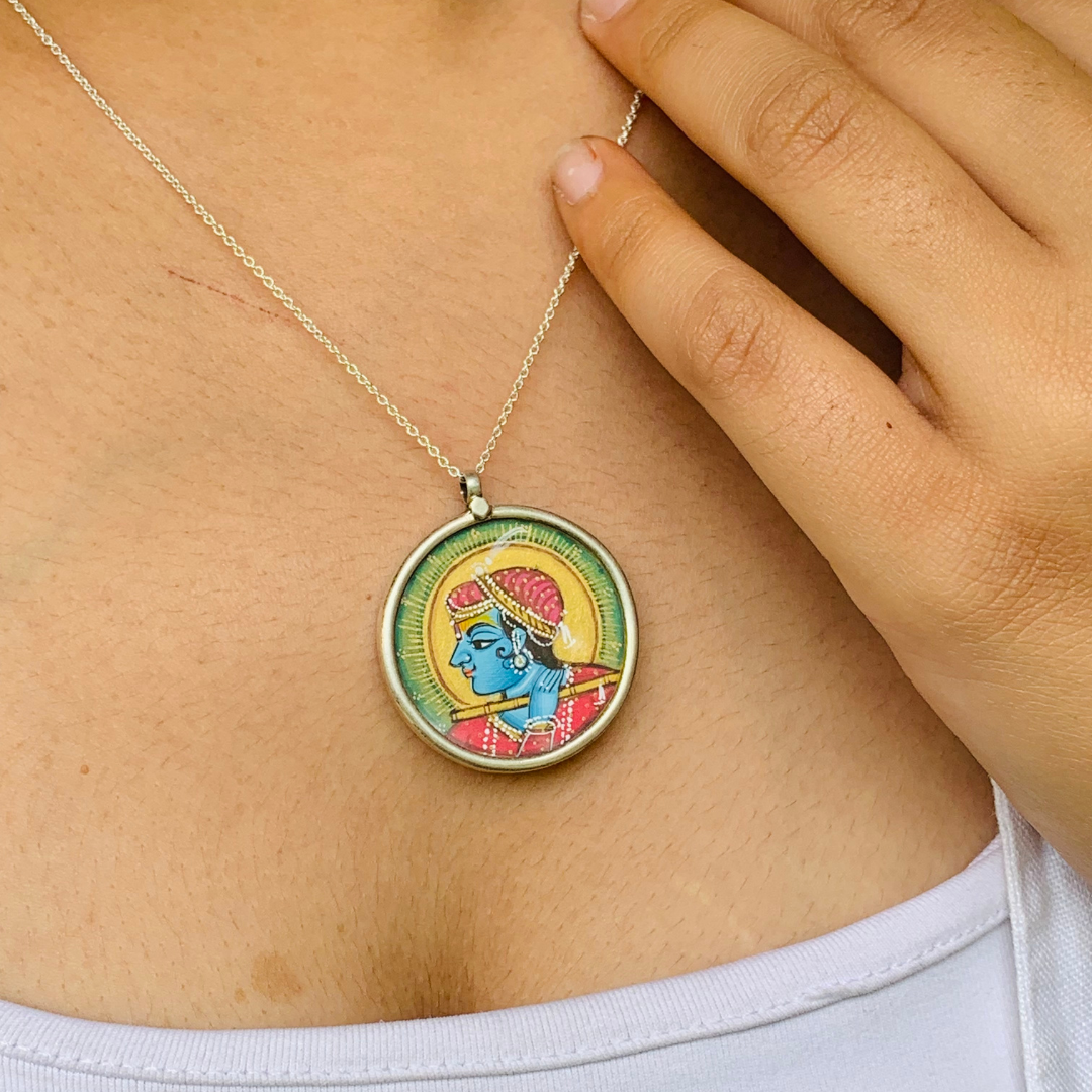 Kanak Kamalam Handpainted Miniature Art Silver Pendant