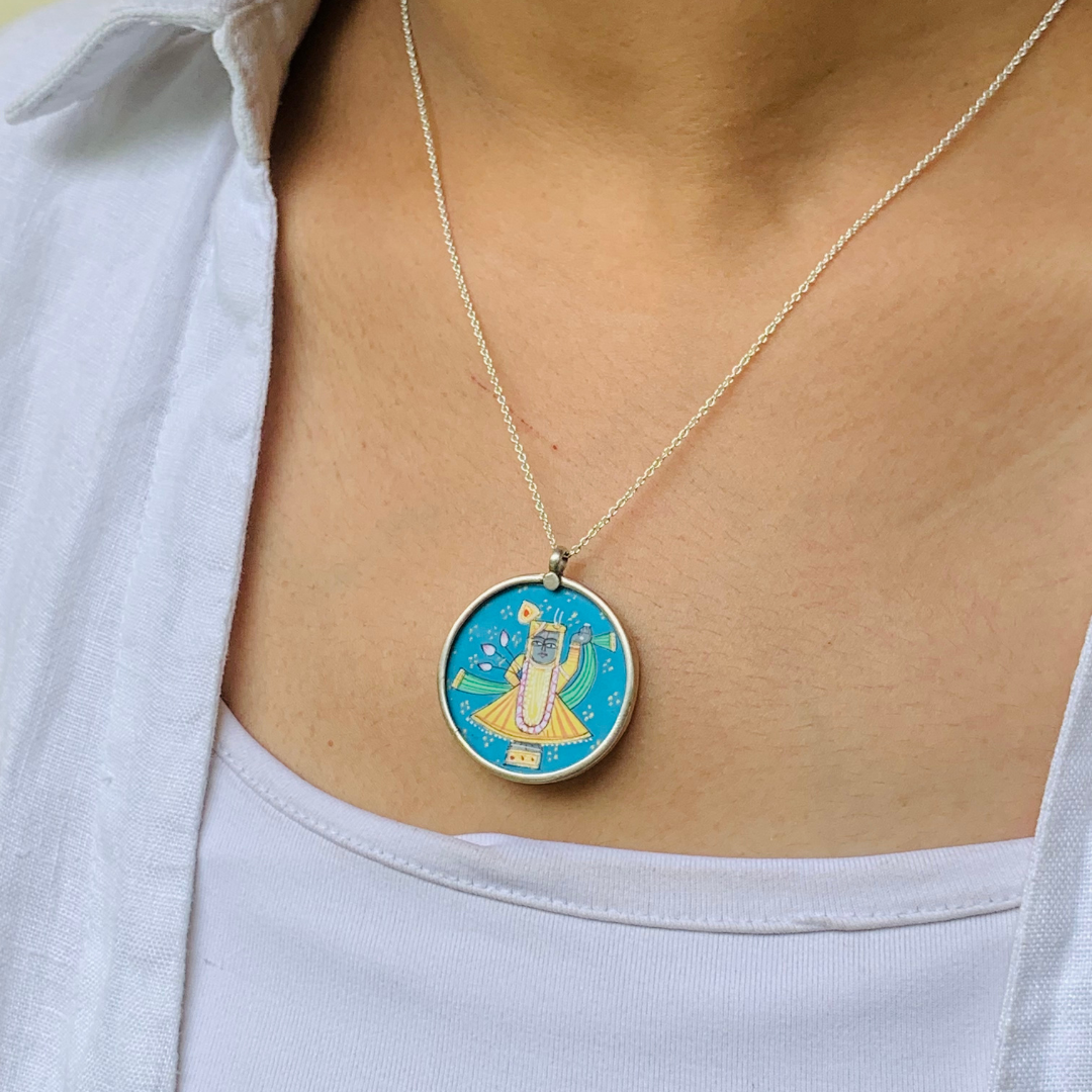 Goverdhan Handpainted Miniature Art Silver Pendant