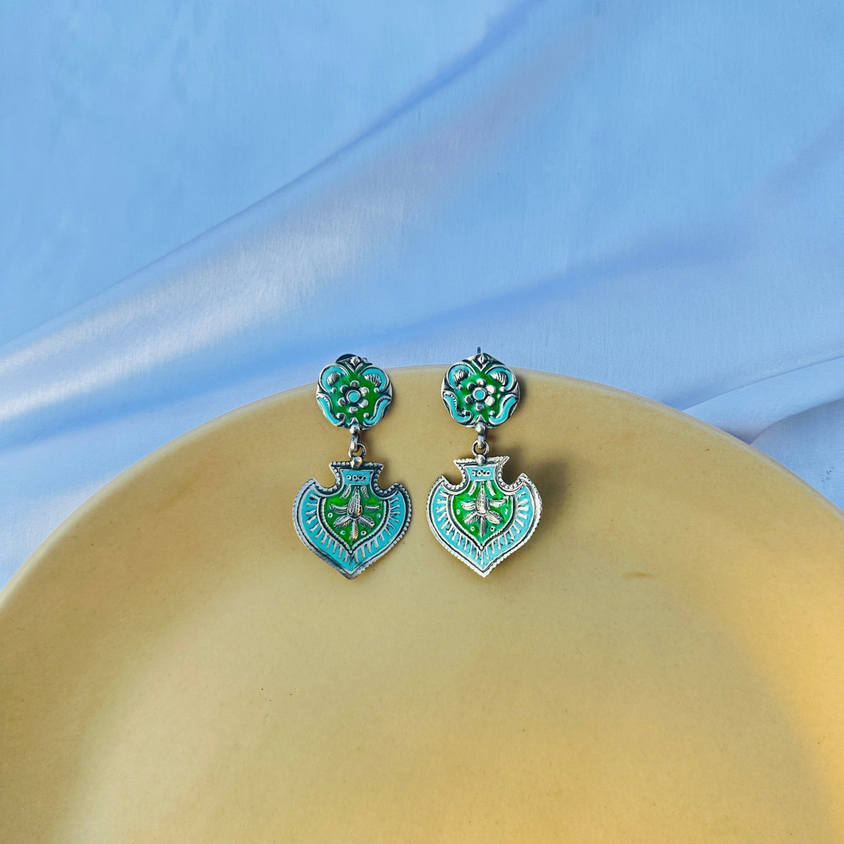 Sky Blue and Green Enamel Earrings