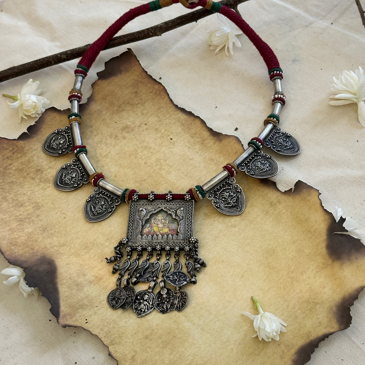 Ganpati Handpainted Silver 925 Necklace