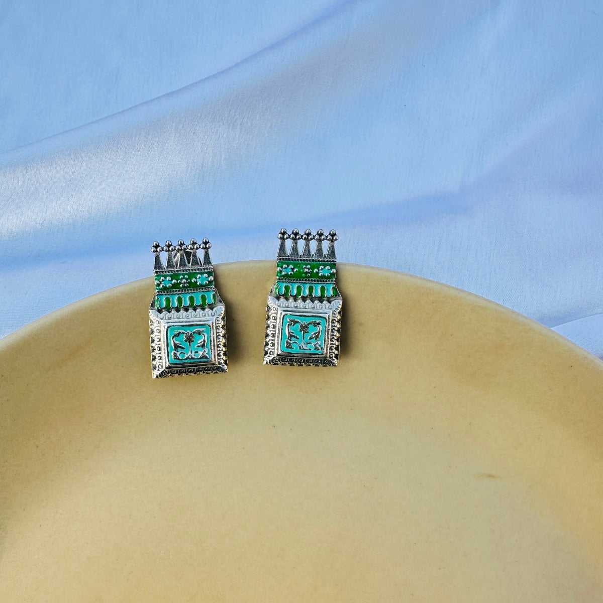 Green Enamel Square Earrings
