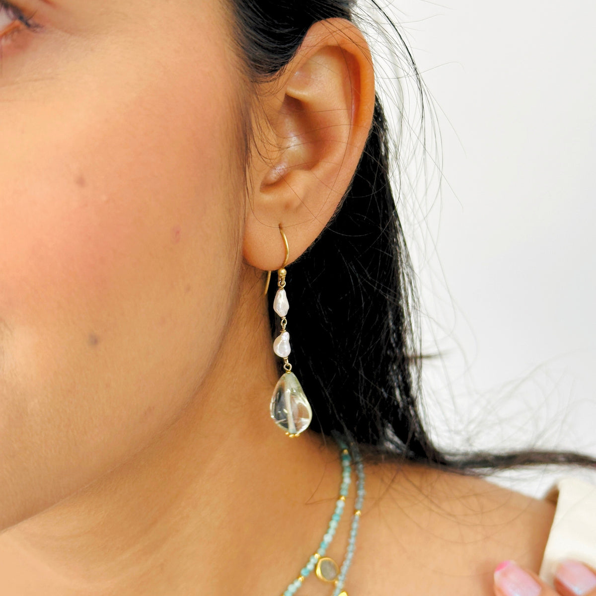 Green Amethyst & Pearl Silver 925 Earrings