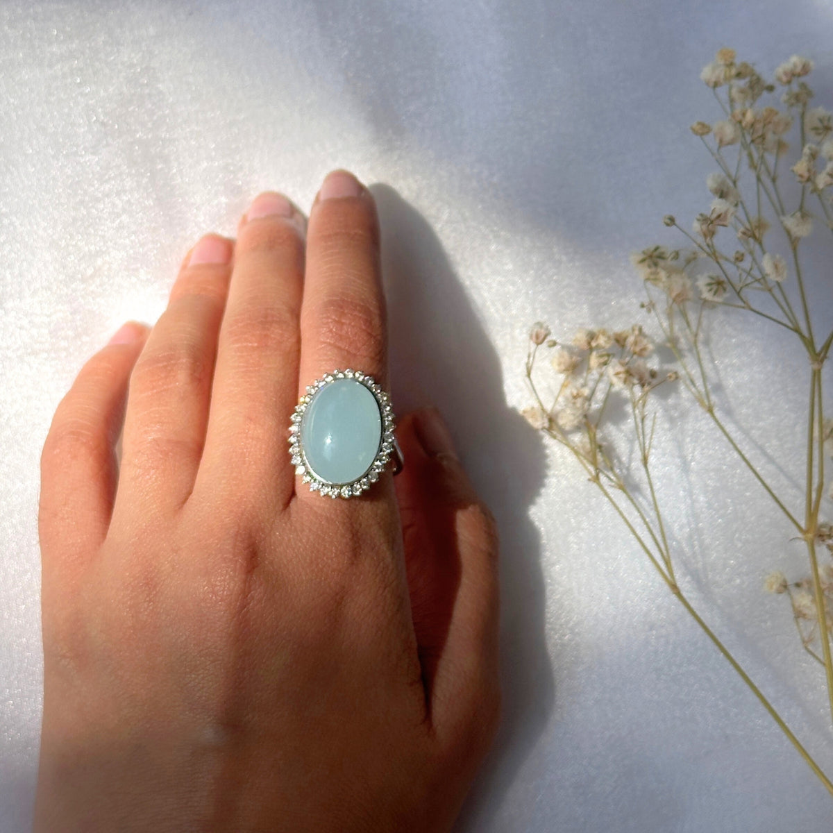 Oval Cabochon Silver 925 Aquamarine with Diamonds Ring