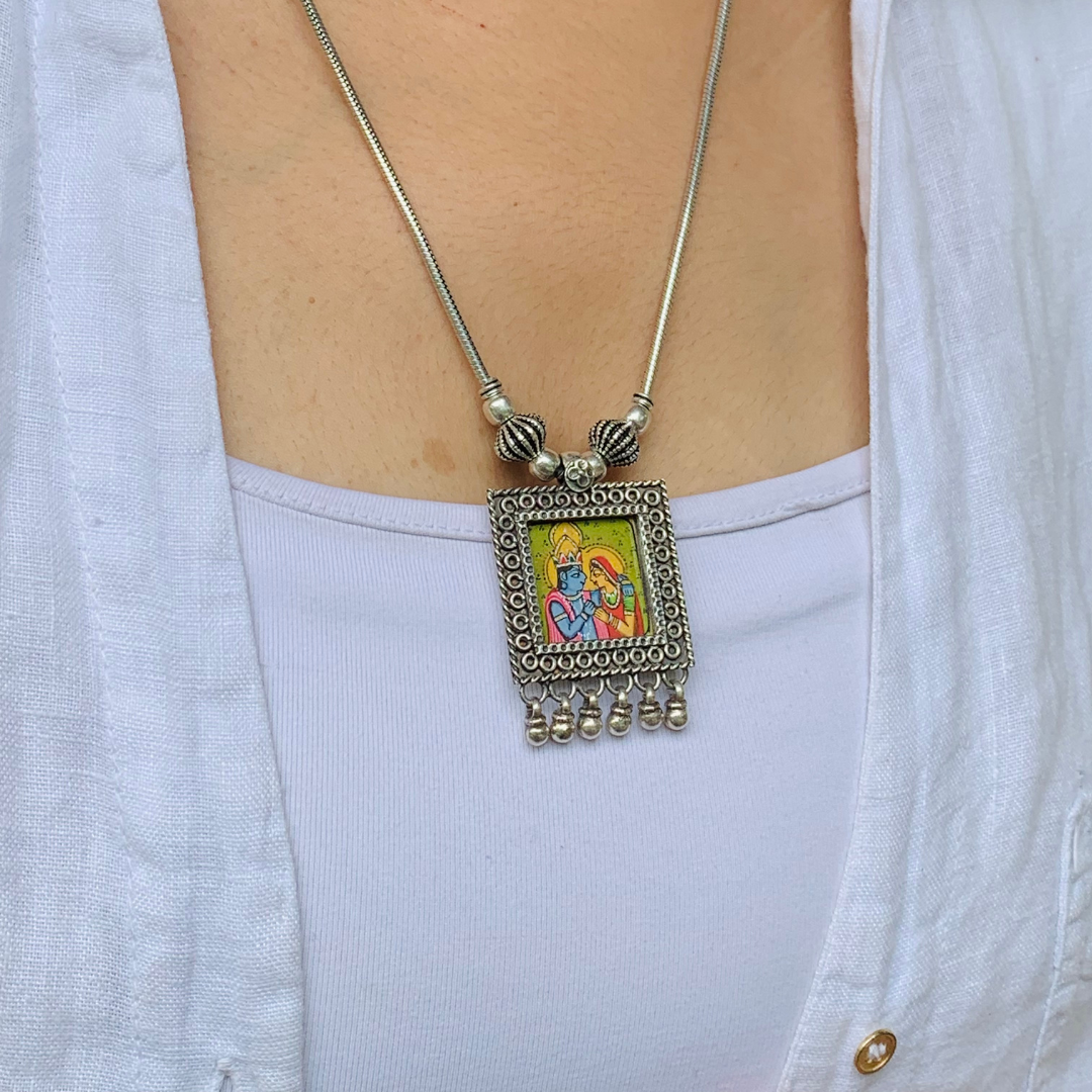 Mangalamvara Handpainted Miniature Art Silver Necklace