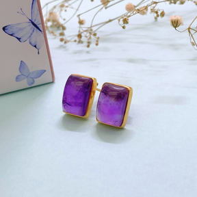 Rye Chalcedony & Amethyst 18K Gold Plated Silver 925 Stud Earrings