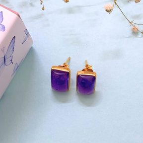 Rye Chalcedony & Amethyst 18K Gold Plated Silver 925 Stud Earrings