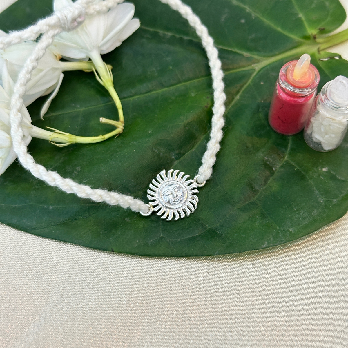 Sun Charm Silver White thread Bracelet
