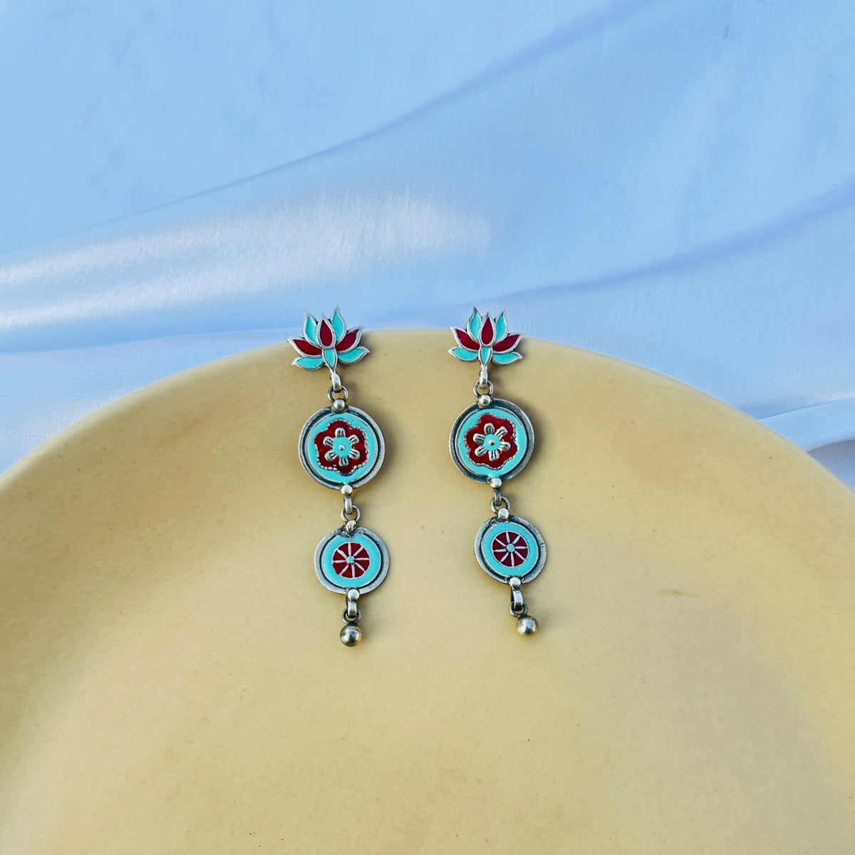 Red and Turquoise Long Enamel Earrings