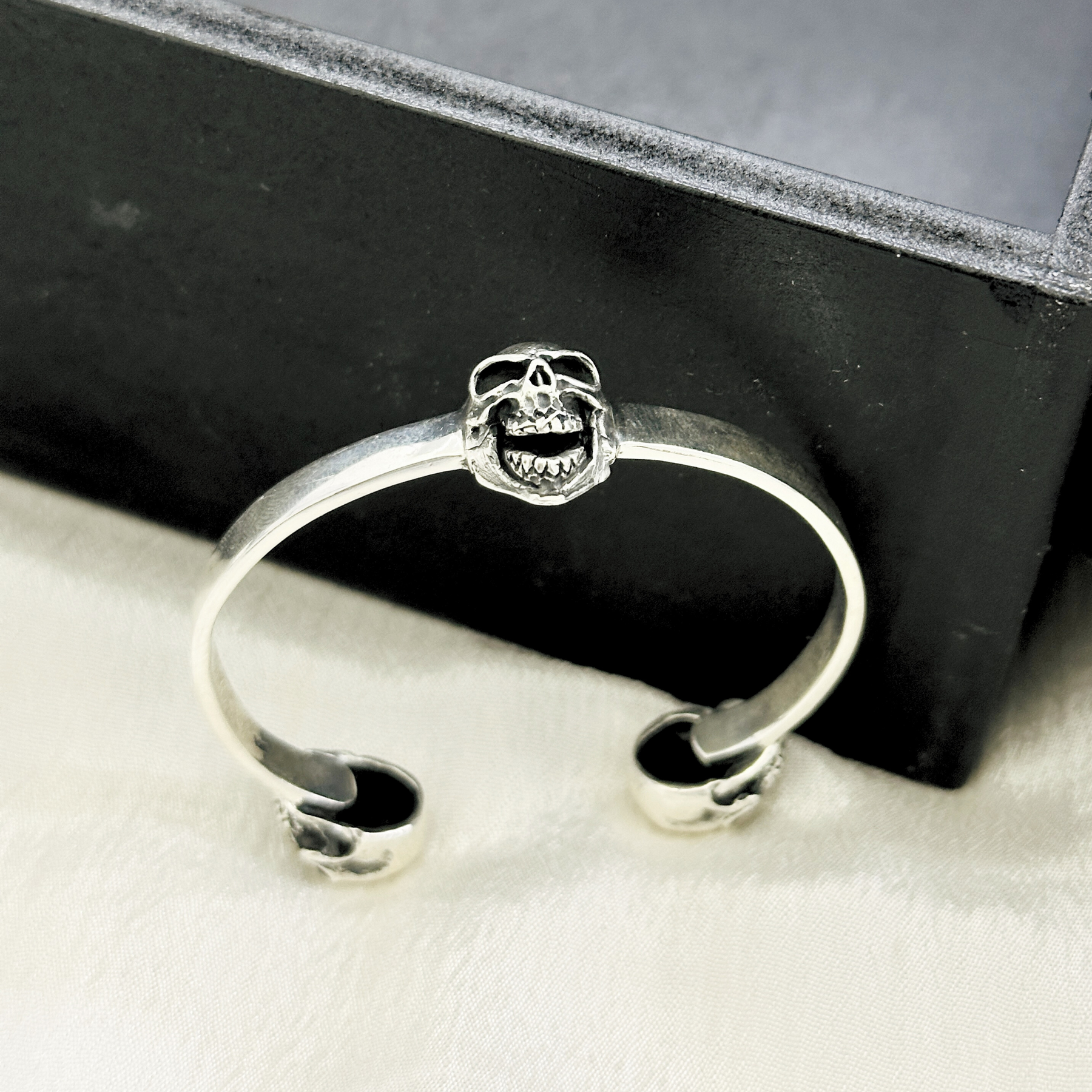 Three Skull Silver 925 Men's Cuff Bracelet
