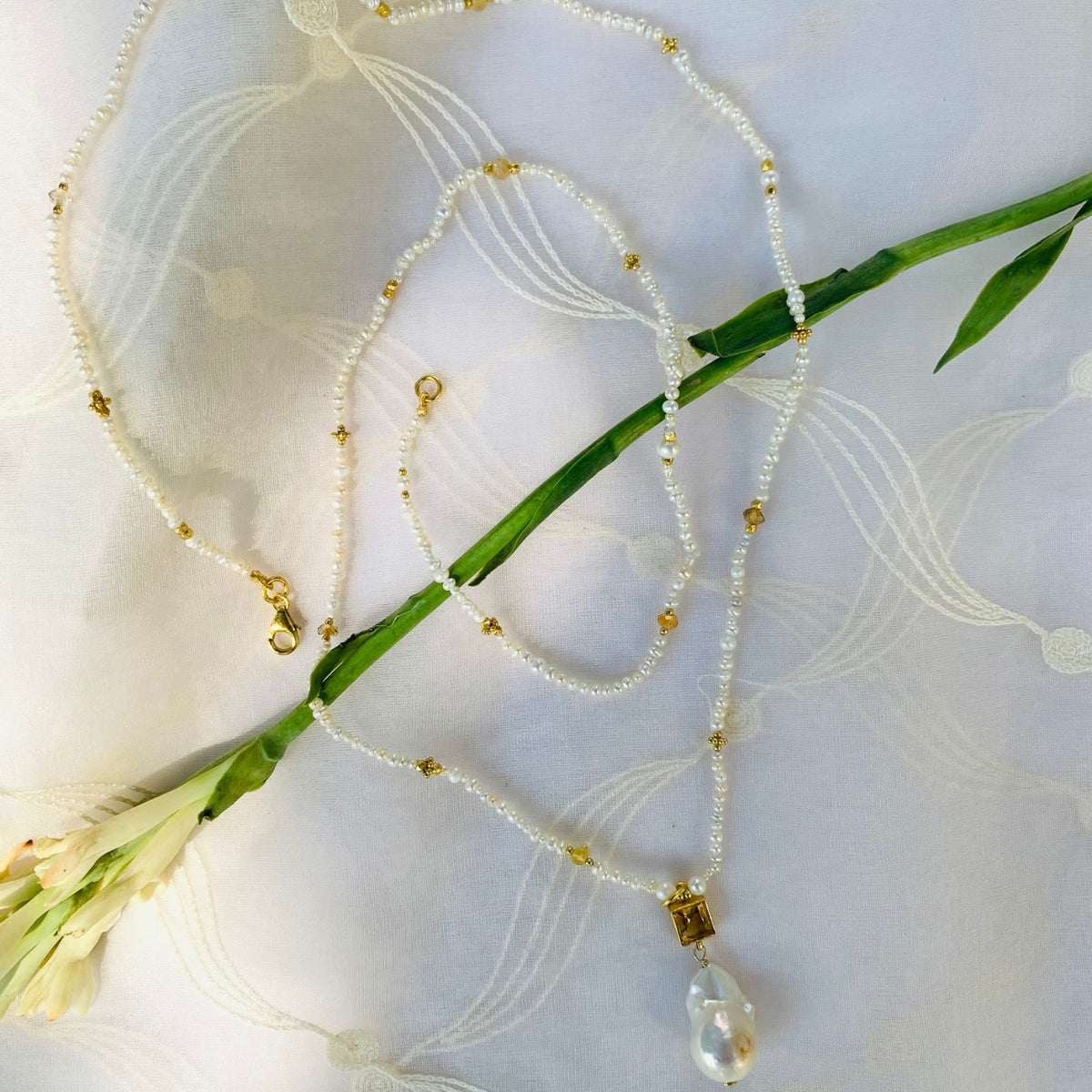 Coppa White Pearl and Citrine Long Necklace
