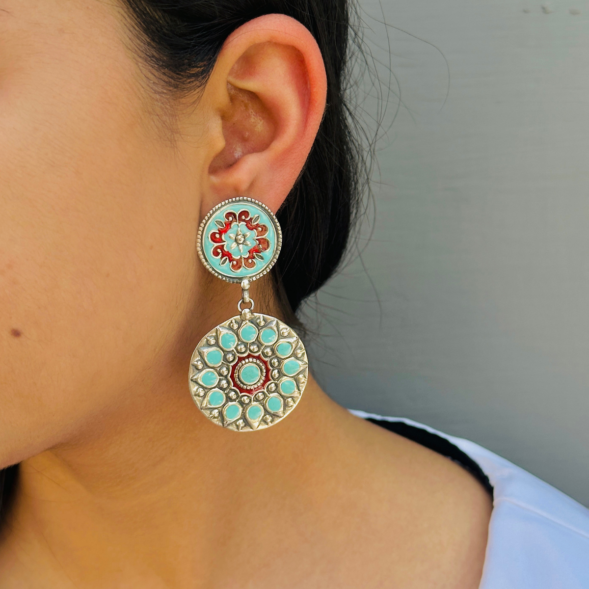 Red and Turquoise Enamel Earrings