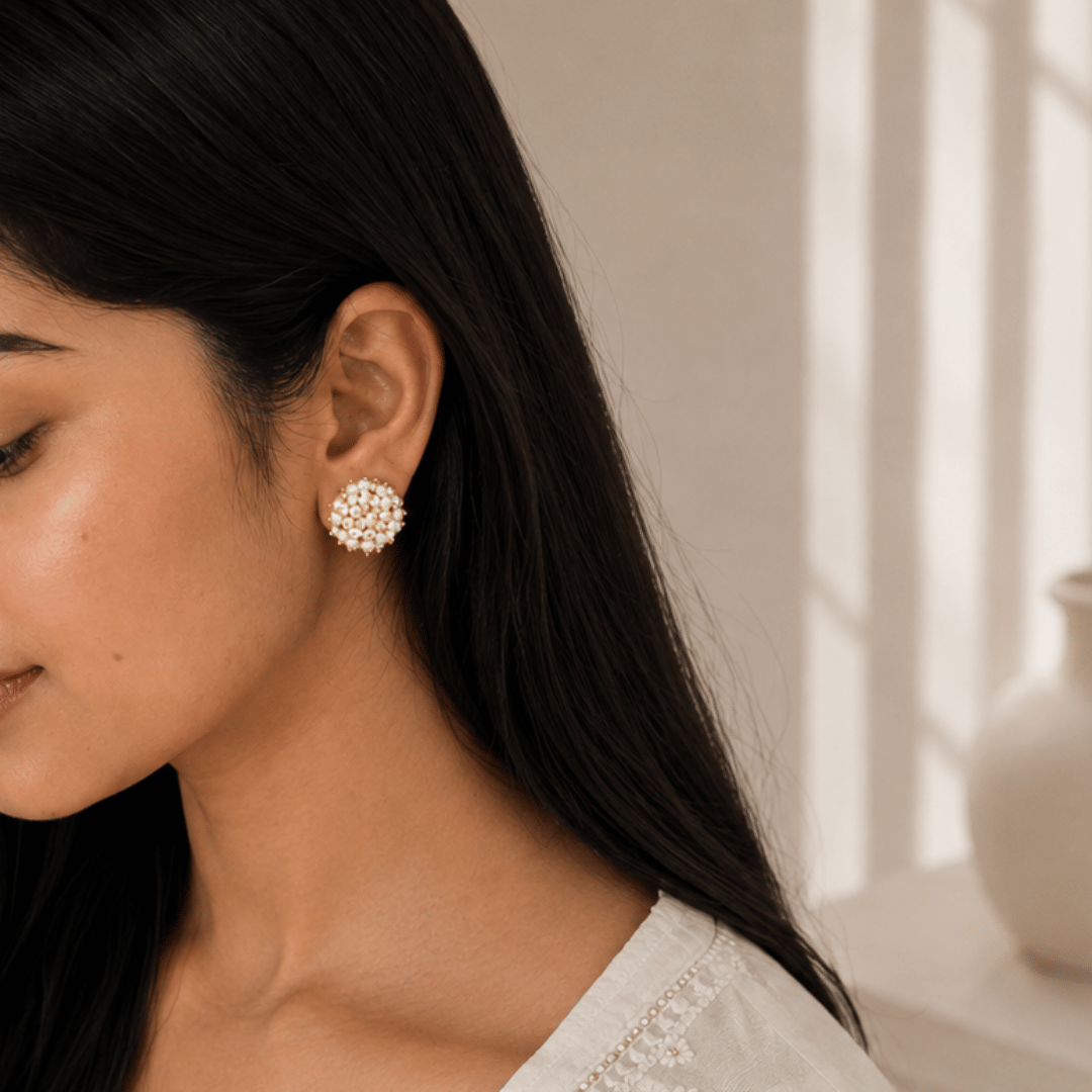 Mahi 18K Gold Plated Silver 925 Pearl Beaded Stud Earrings
