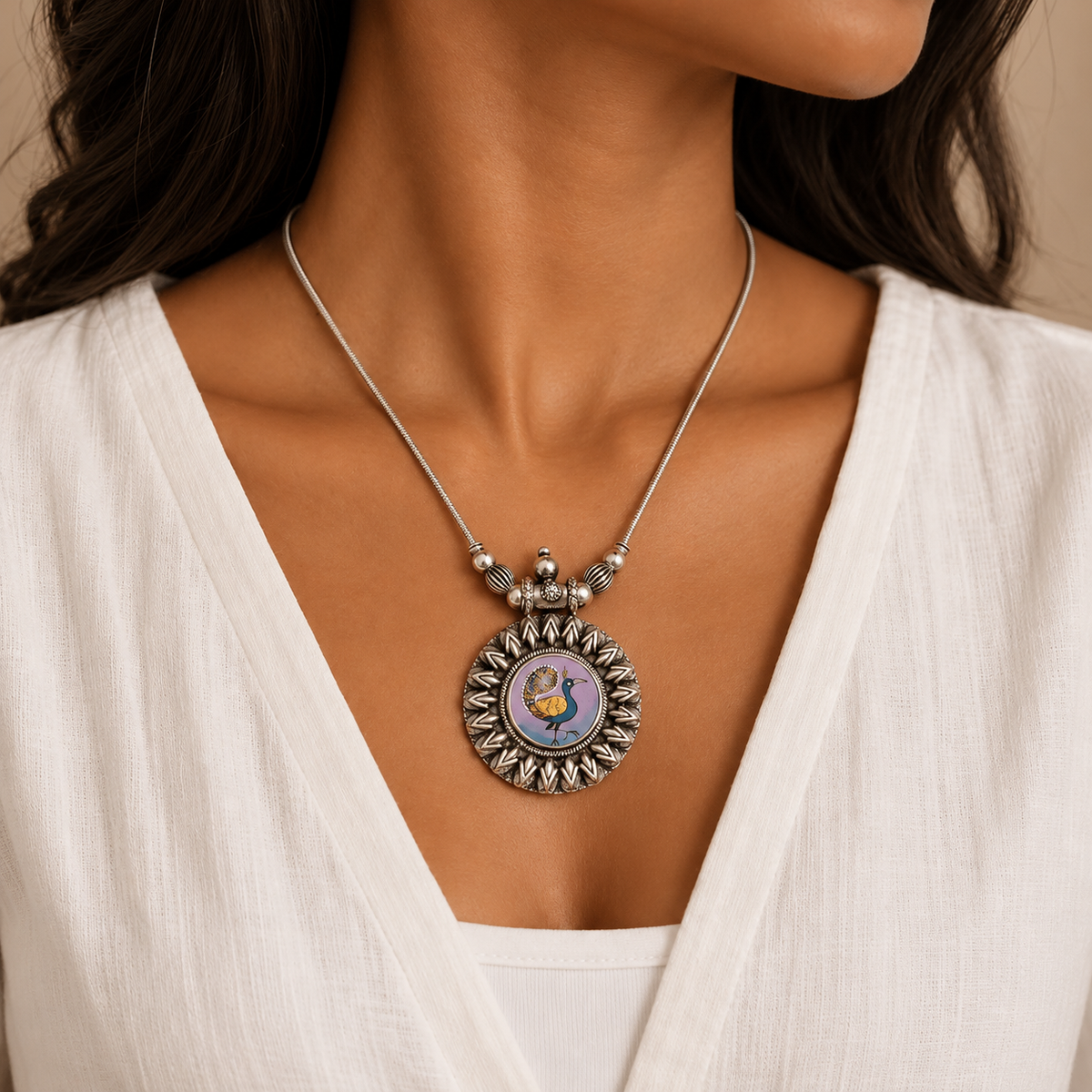 Aabhushan Sangrah Handpainted Miniature Art Silver 925 Necklace