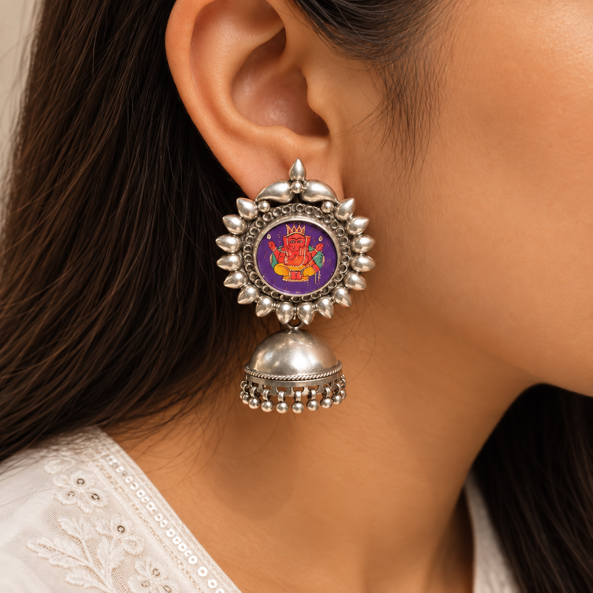 Aaradhya Hand Painted Ganesha Silver 925 Jhumka Earrings