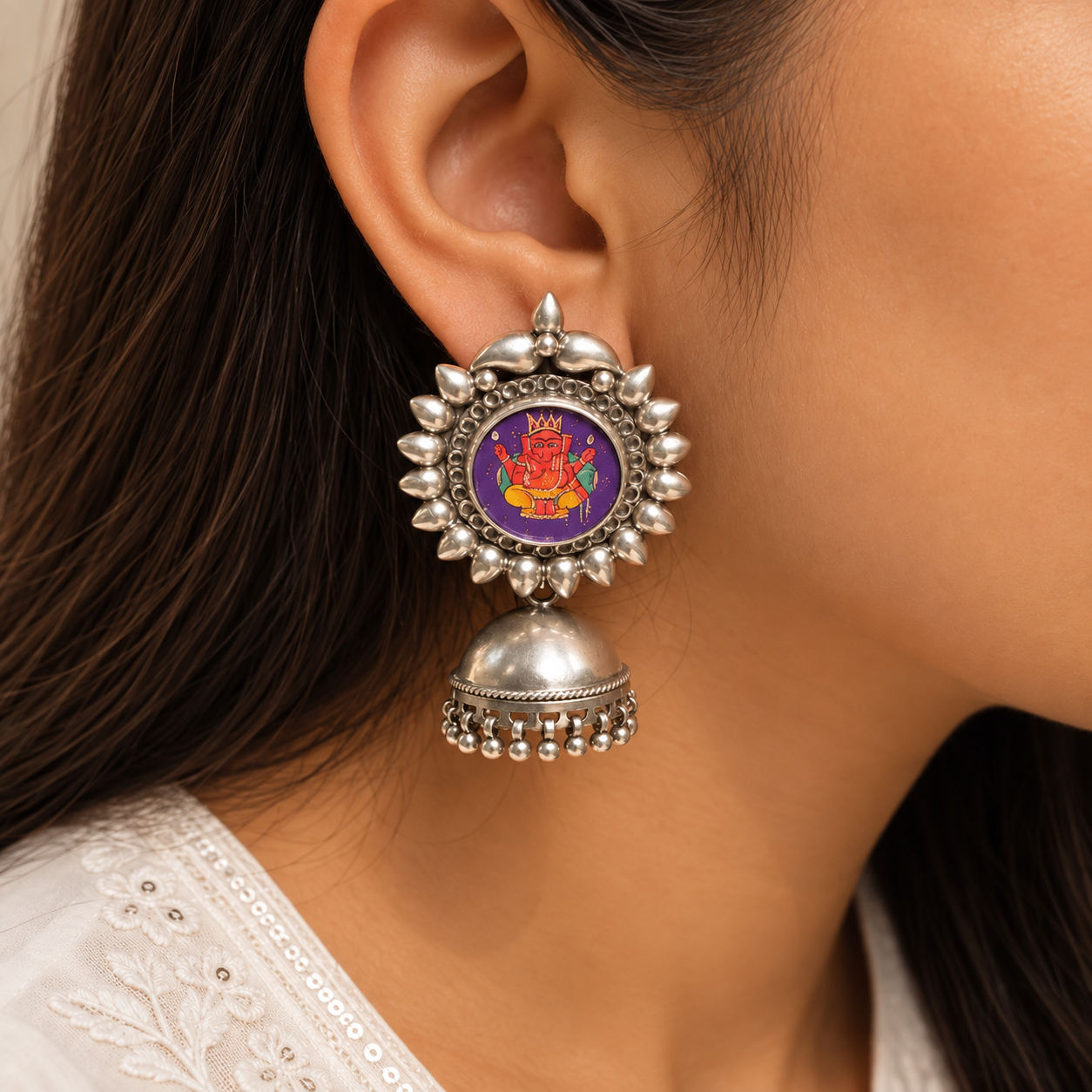 Aaradhya Hand Painted Ganesha Silver 925 Jhumka Earrings