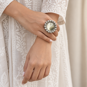 Oxidised silver round mirror statement ring