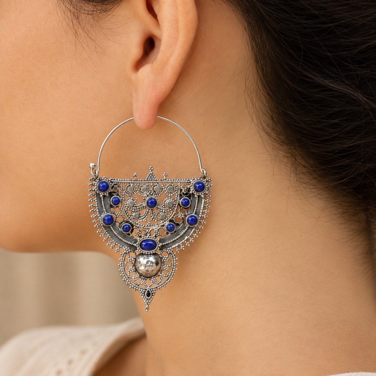 Alluring Lapis Antique Finish Silver 925 Hoops