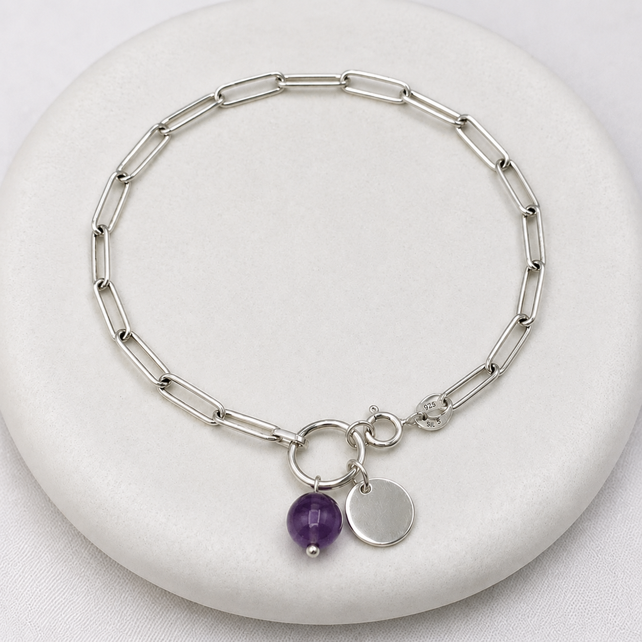 Gem & Initial Silver 925 Bracelet