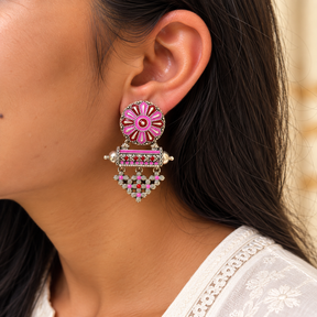 Oxidised 925 silver pink enamel drop earrings