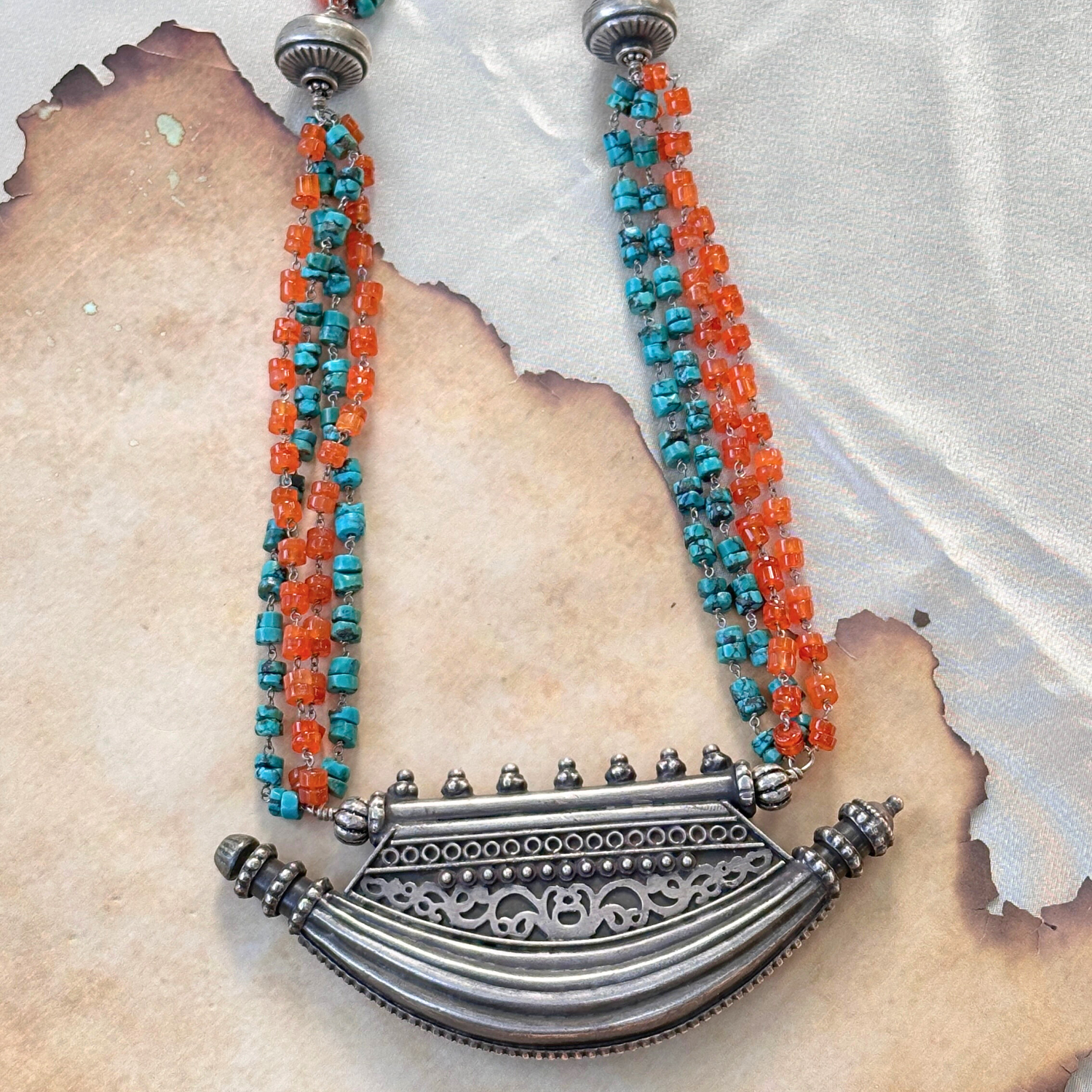 Silver 925 jewelry, Sterling silver necklace, Turquoise, carnelian, Turquoise & Carnelian Silver 925 Necklace