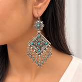 Oxidised 925 silver turquoise diamond-shaped drop earrings