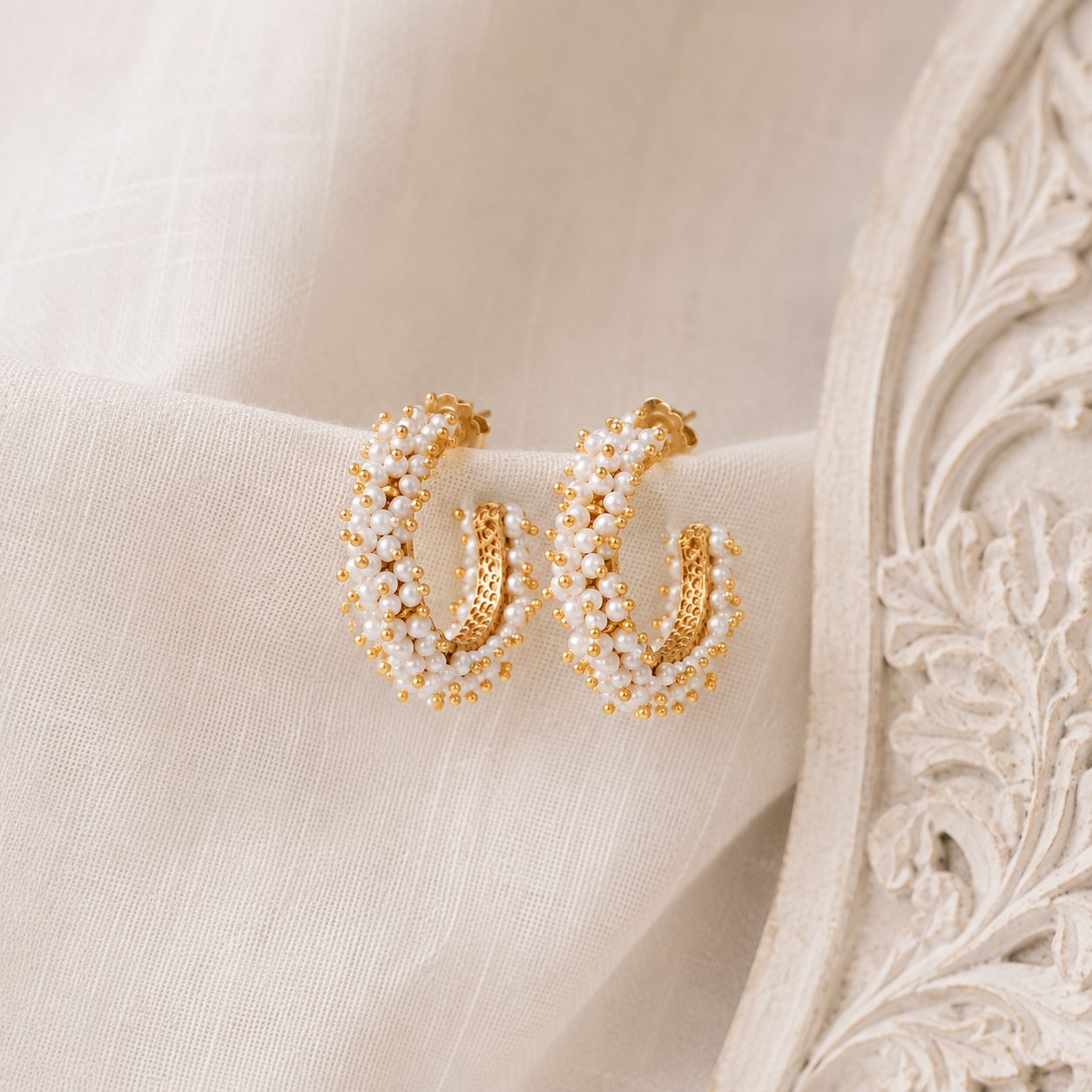 Lahari 18K Gold Plated Silver 925 Pearl Beaded Hoop Earrings