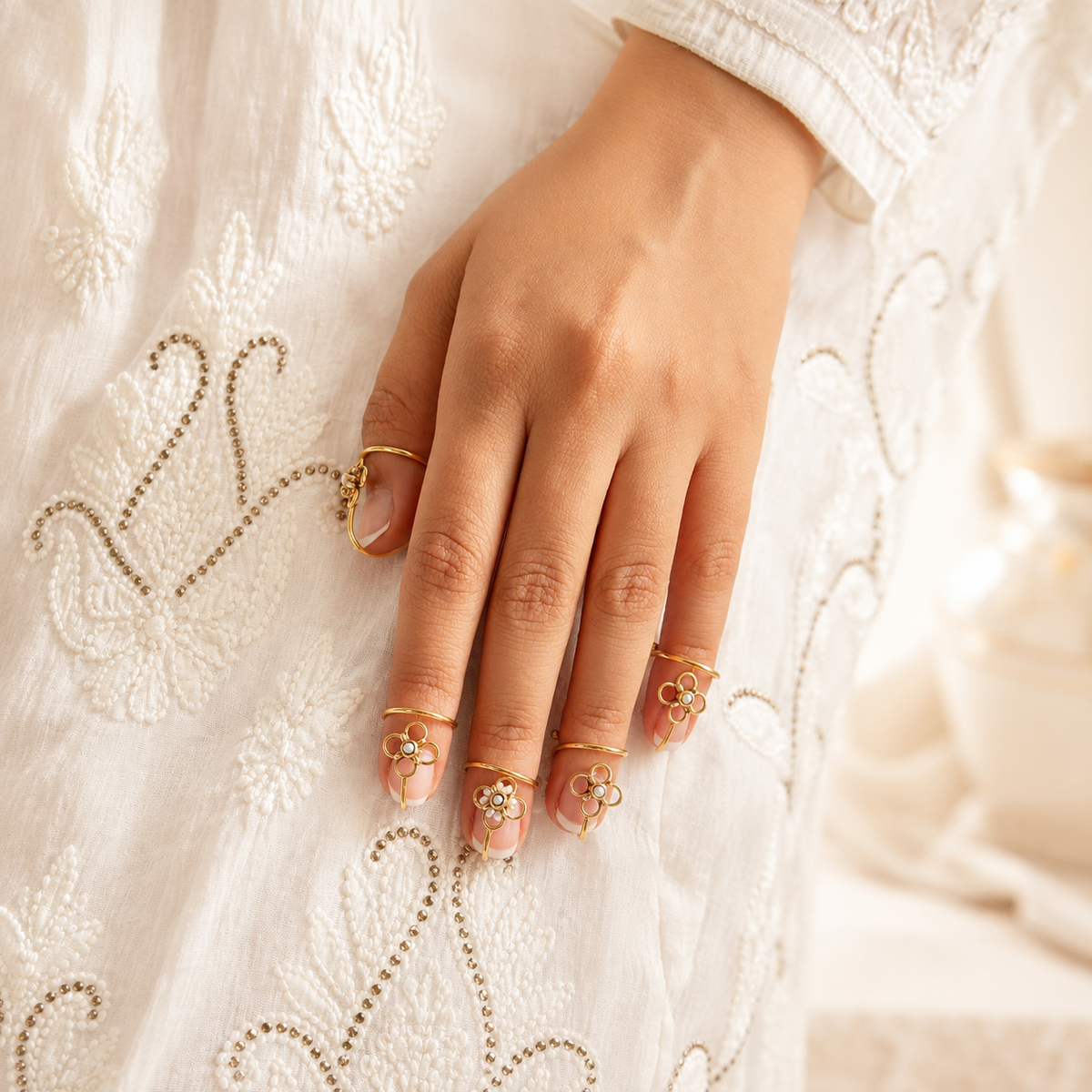 Agira 18K Gold Plated Silver 925 Pearl Nail Ring Set
