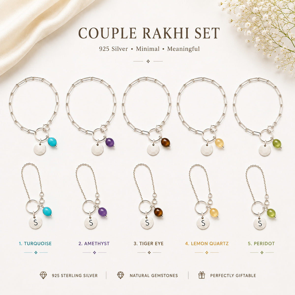 Couple Gemstone Silver 925 Rakhi