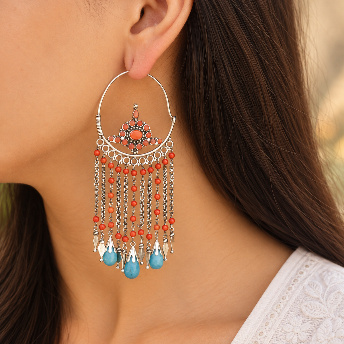 Coral & Turquoise Silver 925 Earrings