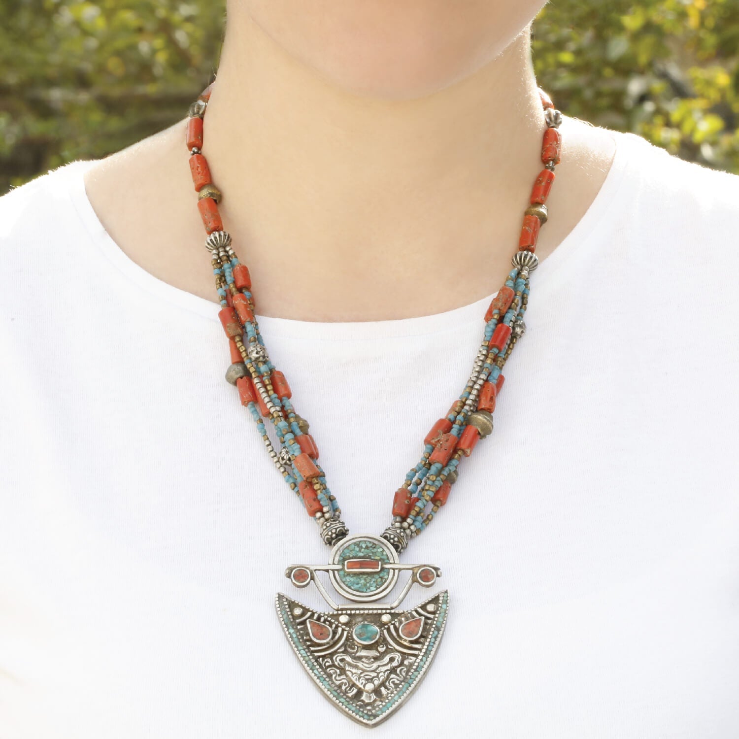 Mehraab Coral & Turquoise Beads Silver 925 Pendant Necklace