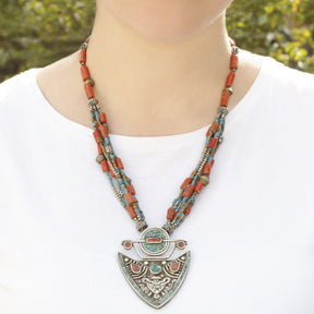 Mehraab Coral & Turquoise Beads Silver 925 Pendant Necklace