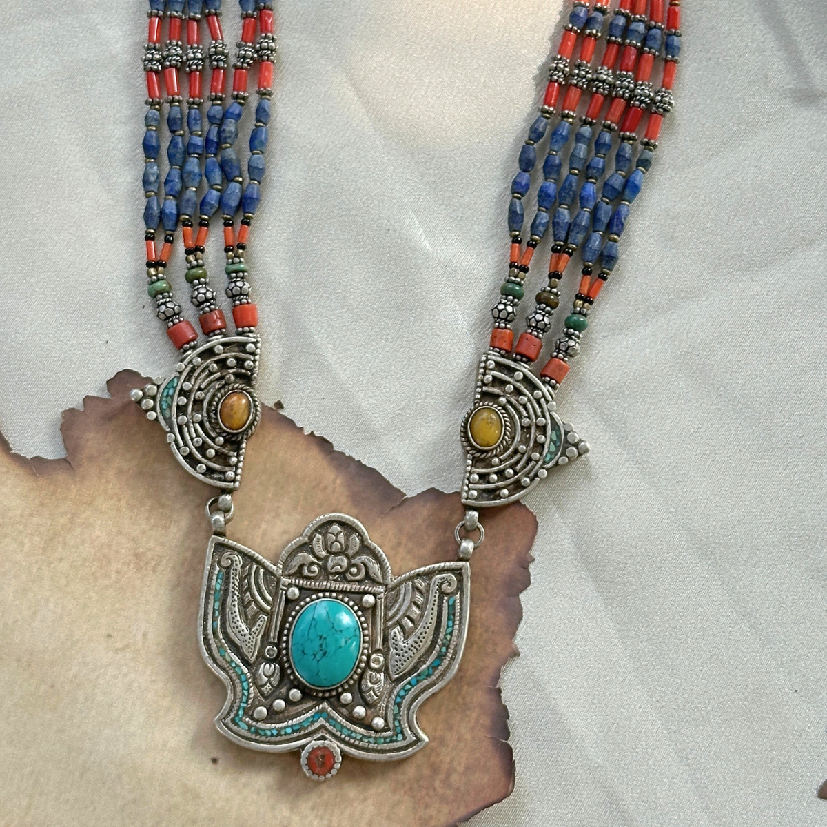 Silver 925 jewelry, Sterling silver necklace, Handmade silver jewelry, Silver necklace for women, Turquoise Necklace, Lapis Lazuli, Coral Gemstone,