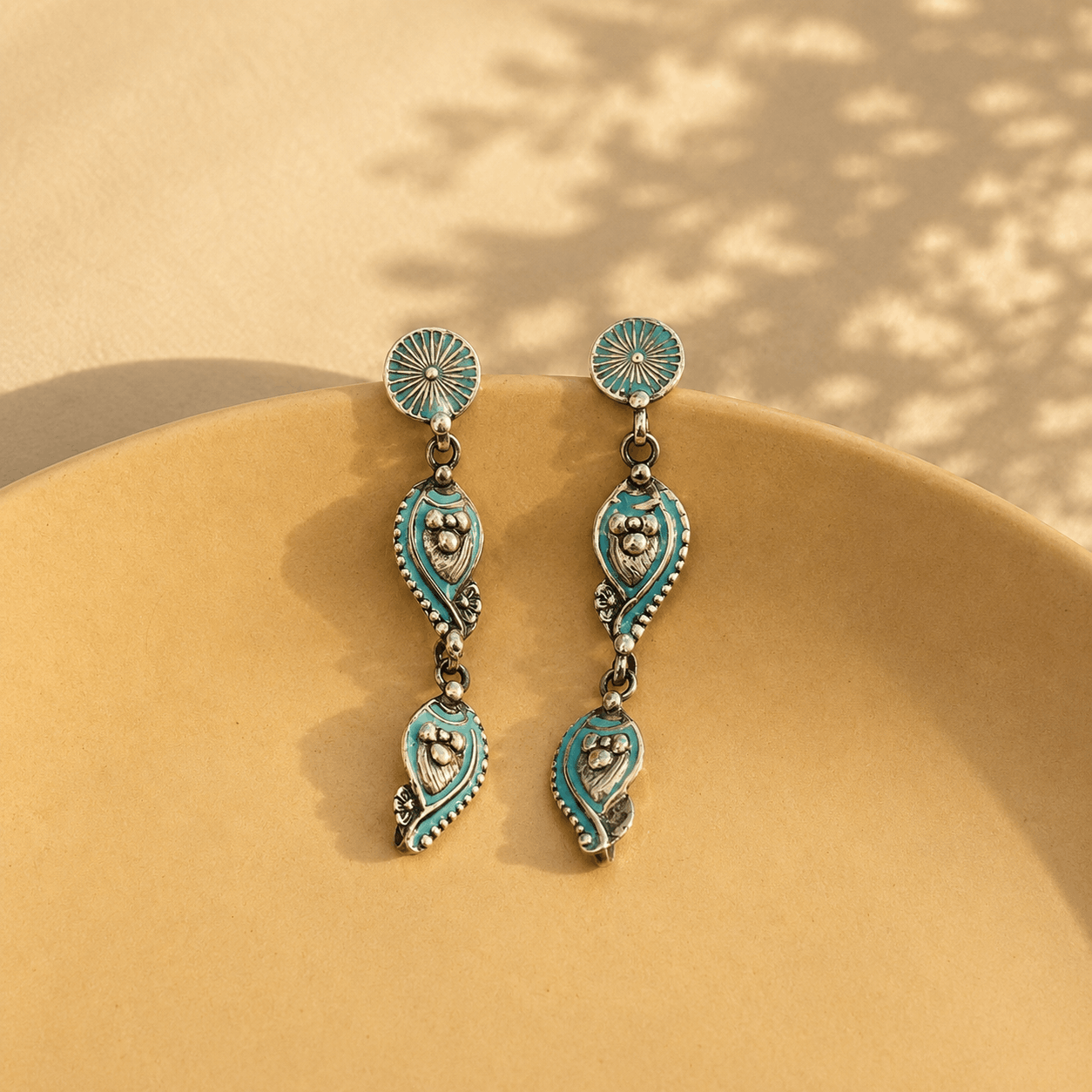 Ethnic Enamel Long Silver 925 Earrings