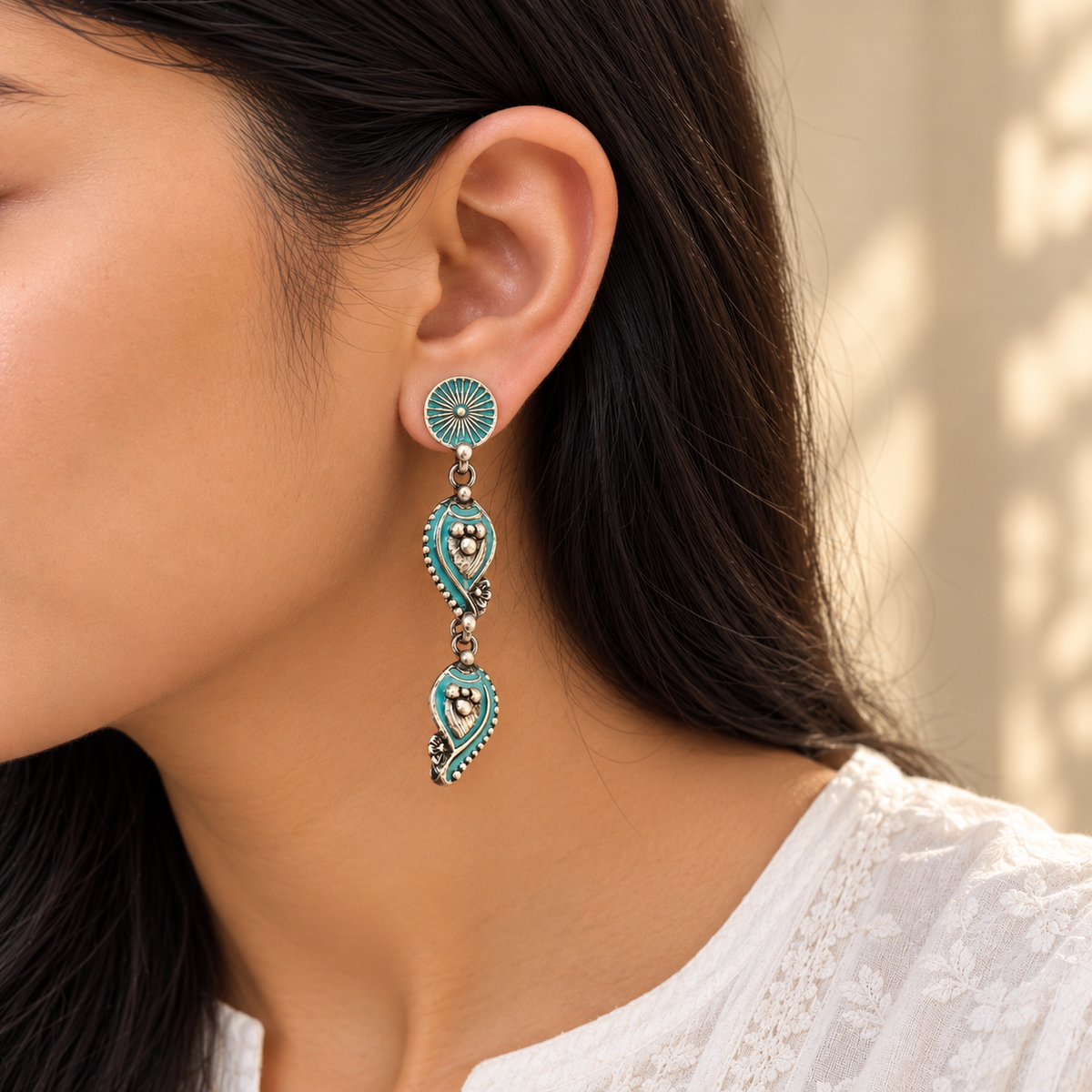 Ethnic Enamel Long Silver 925 Earrings