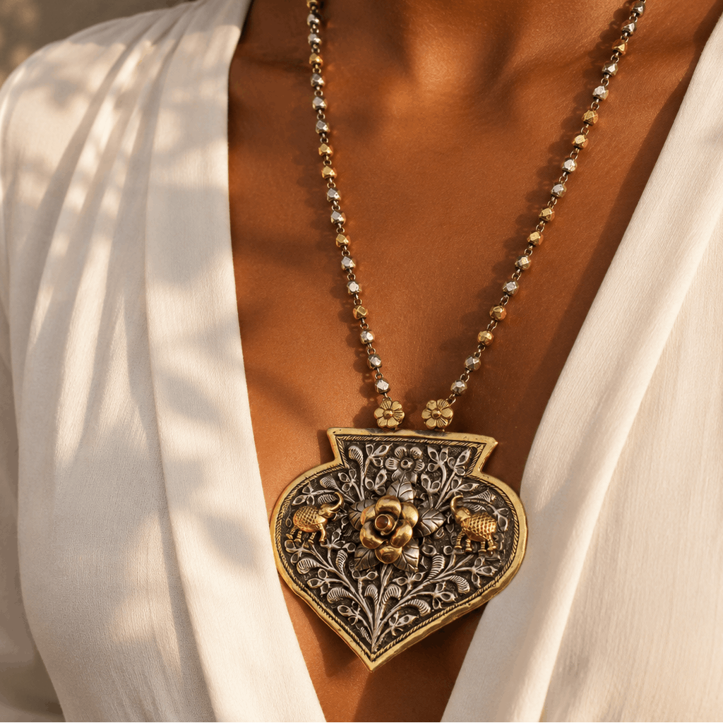 Flower and Elephant Detail Traditional Silver 925 Necklace