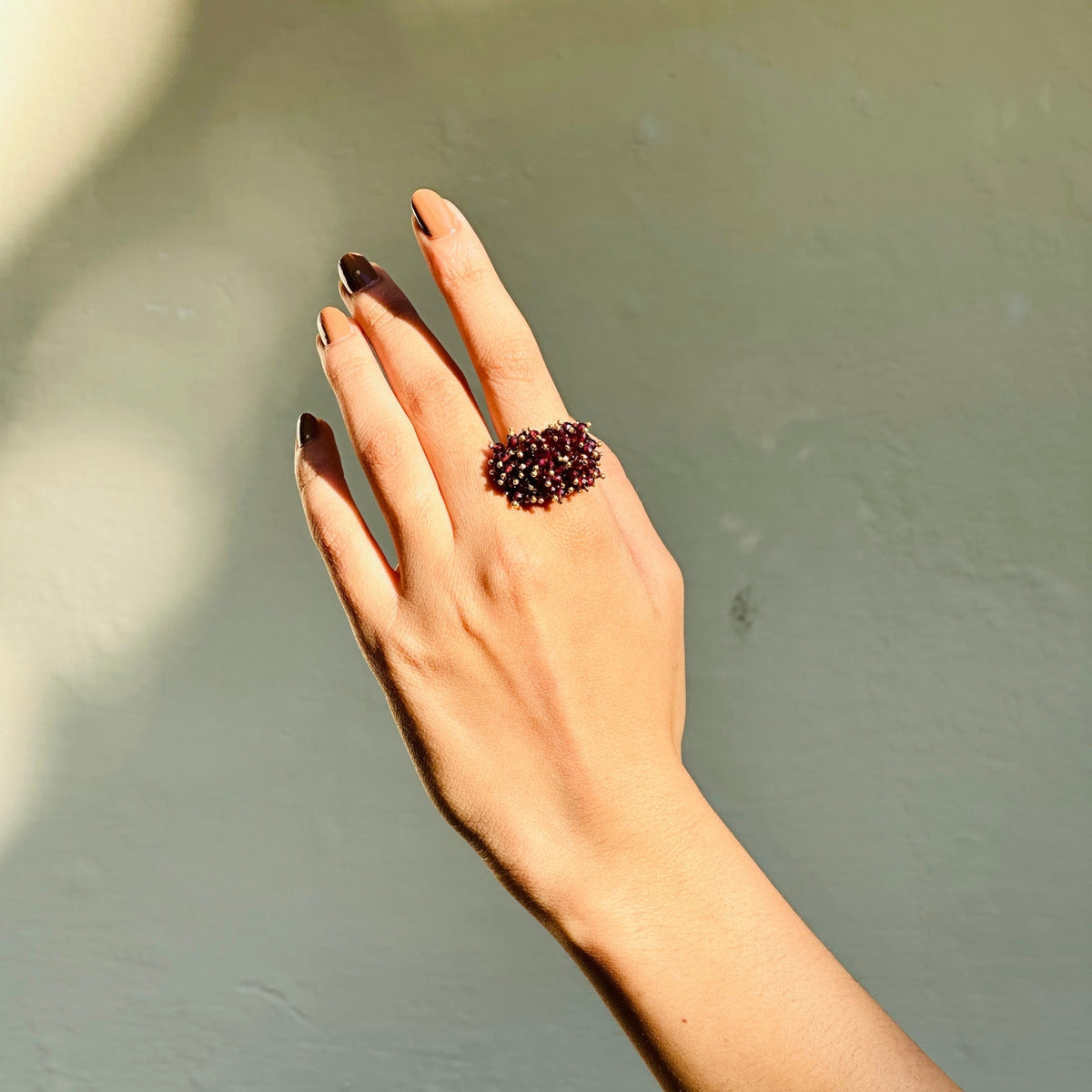 Garnet beads statement ring 