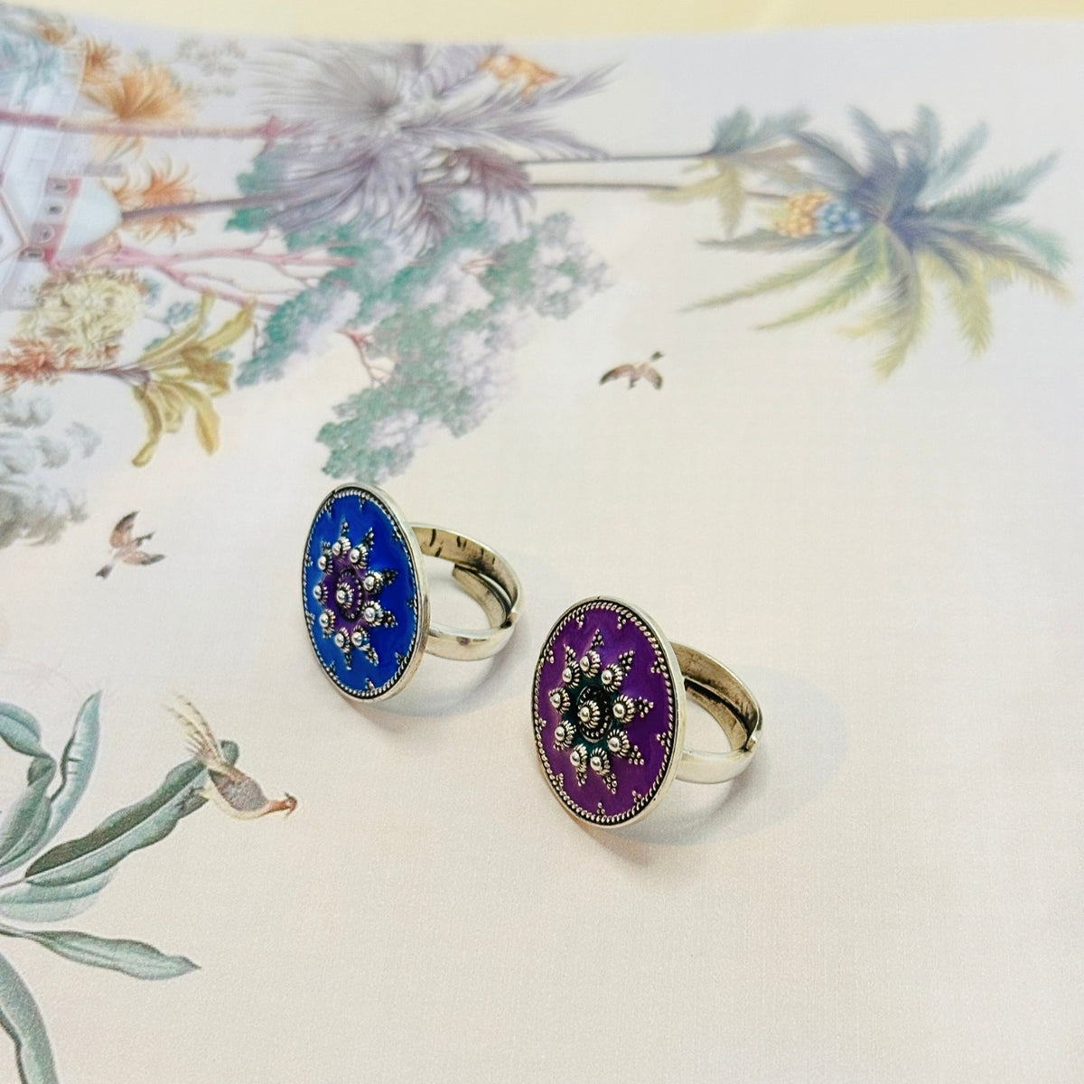 Festive Blue and Purple Enamel Silver 925 Ring
