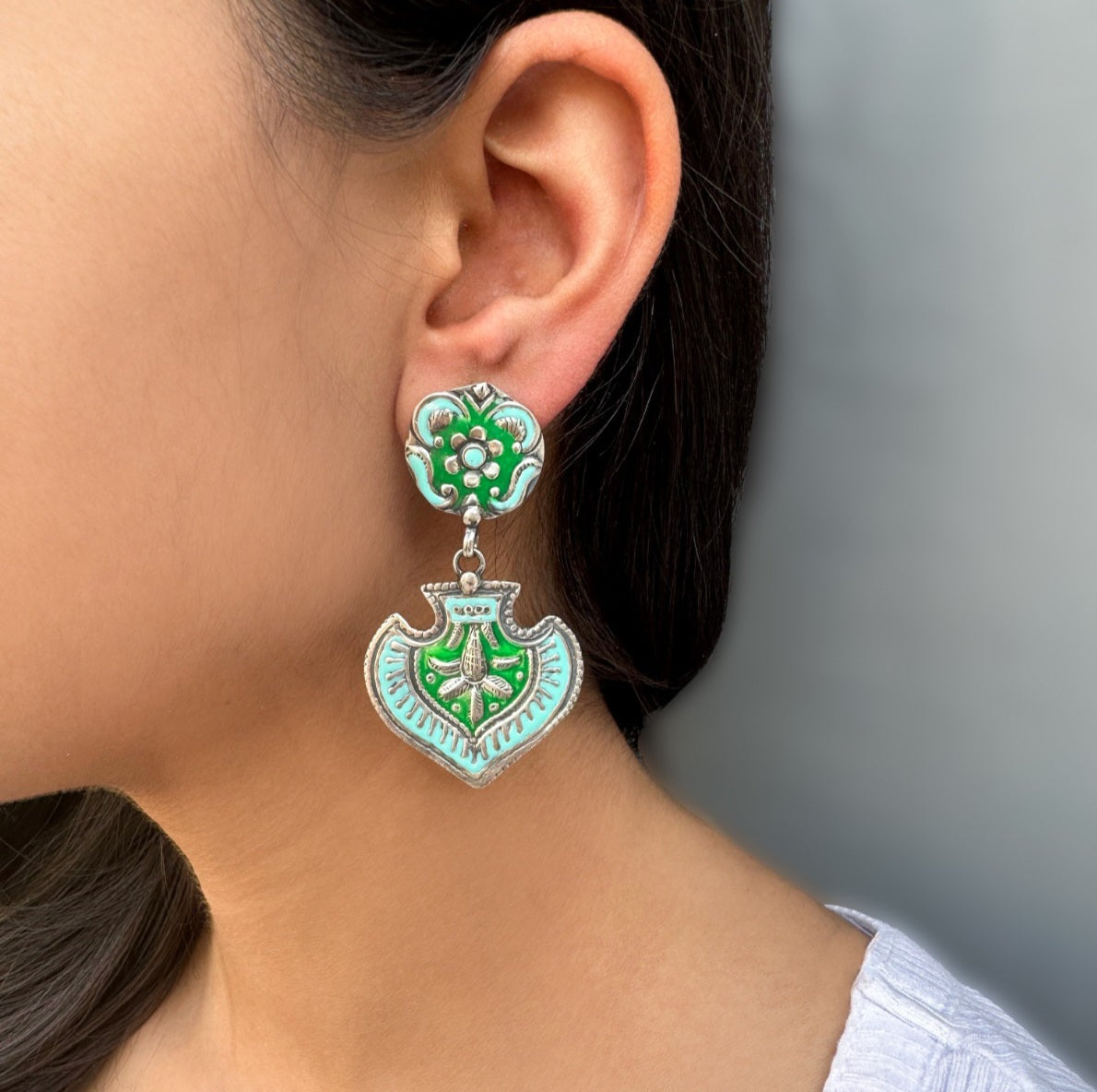 Sky Blue and Green Enamel Earrings