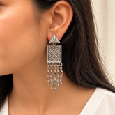 Oxidised 925 silver square tassel drop earrings