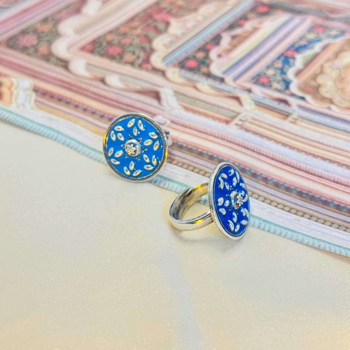 Festive blue and Light blue Enamel Silver 925 Ring