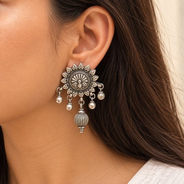 Oxidised 925 silver peacock earrings with bead drops