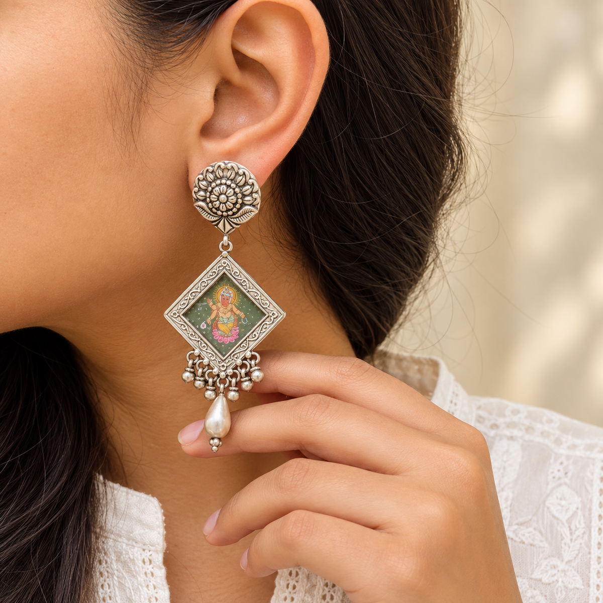 Kalaanjali Handpainted Miniature Art Silver Earrings
