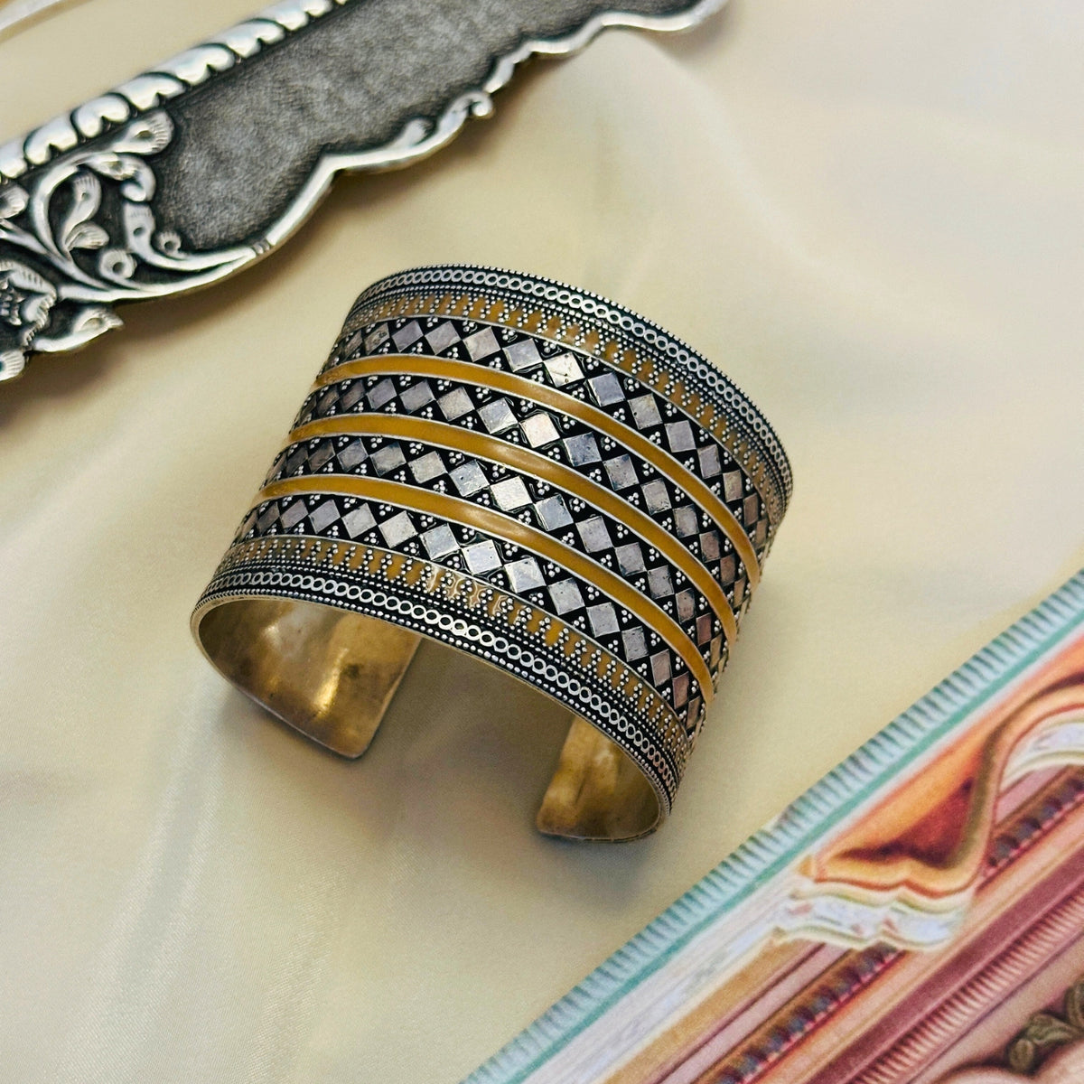 Festive Yellow Enamel Silver 925 Cuff Bangle