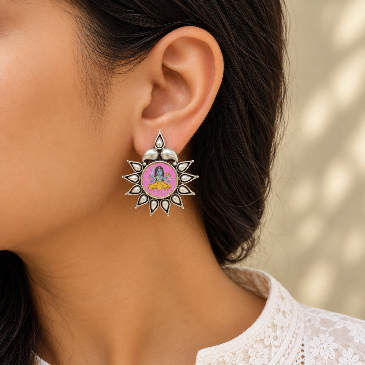 Kundan Kala Handpainted Miniature Art Silver 925 Studs