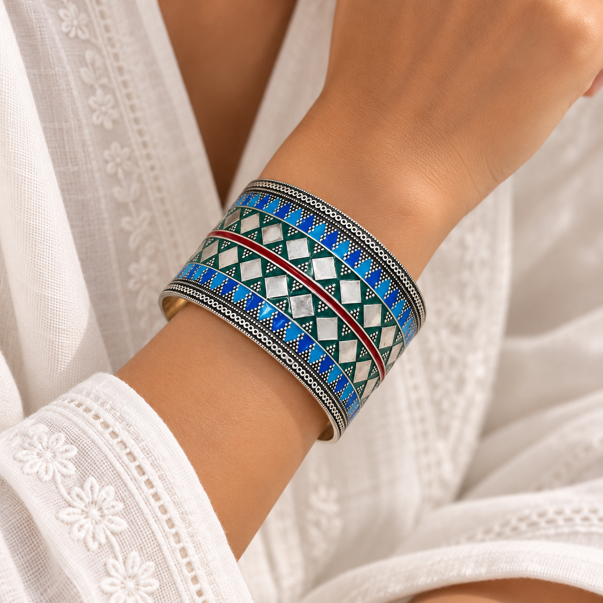 Kushala Enamel Silver 925 Cuff Bangle