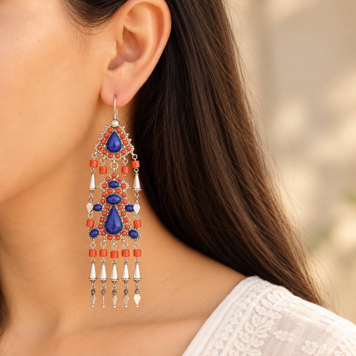 Lapis & Coral Long Boho 925 Silver Danglers