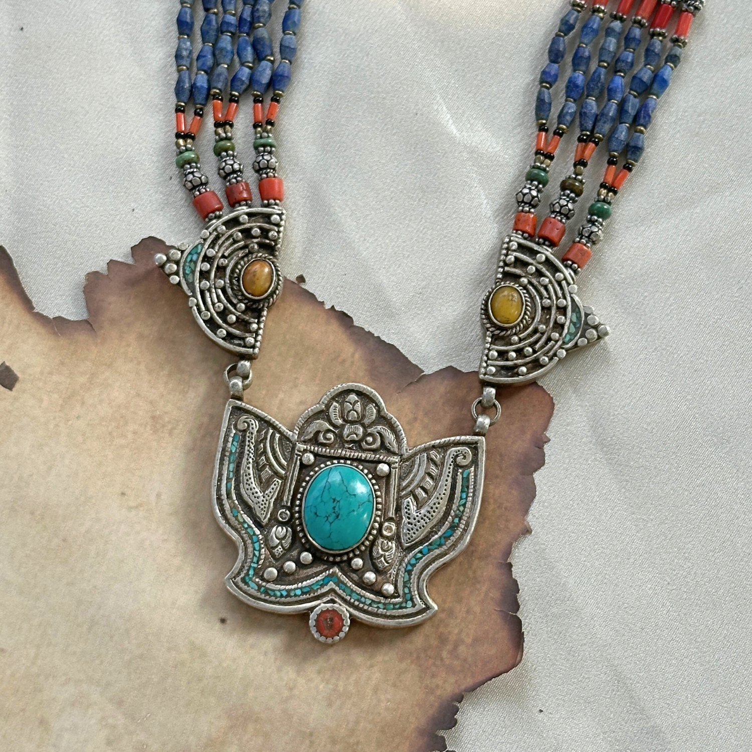 Silver 925 jewelry, Sterling silver necklace, Handmade silver jewelry, Silver necklace for women, Turquoise Necklace, Lapis Lazuli, Coral Gemstone,